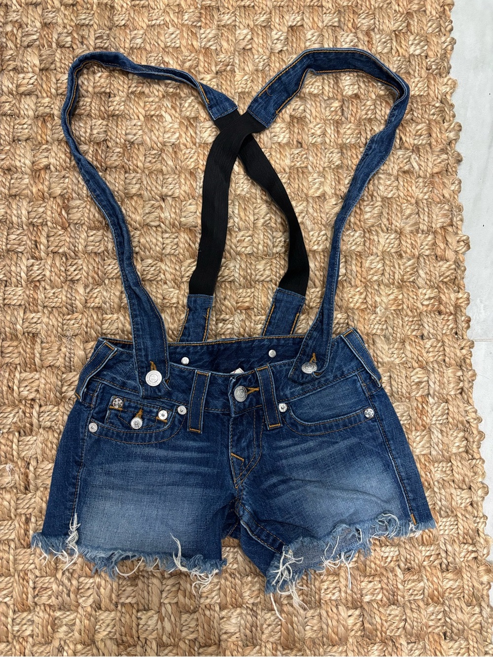 True Religion Dark Blue Denim Shortalls with Straps